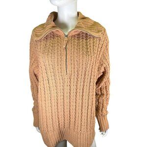 Aerie Womens Cable Car Quarter Zip Side Slit Sweater Size M Fall Boho Camel EUC